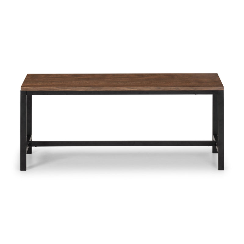 Wooden table with black metal legs on a white background