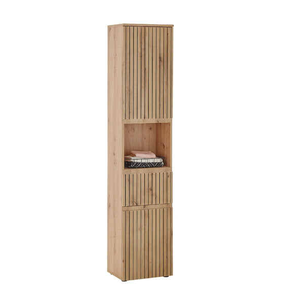 Tall wooden cabinet with slatted design on a white background