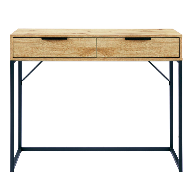 Wooden console table with two drawers and a black metal frame on a white background
