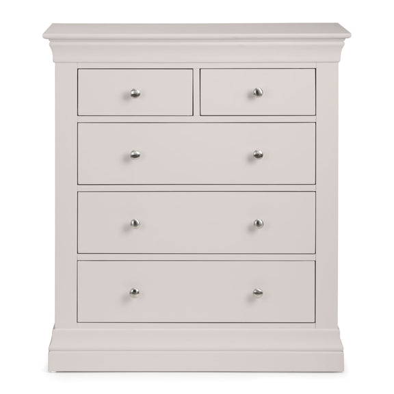 Light gray dresser with five drawers on a white background
