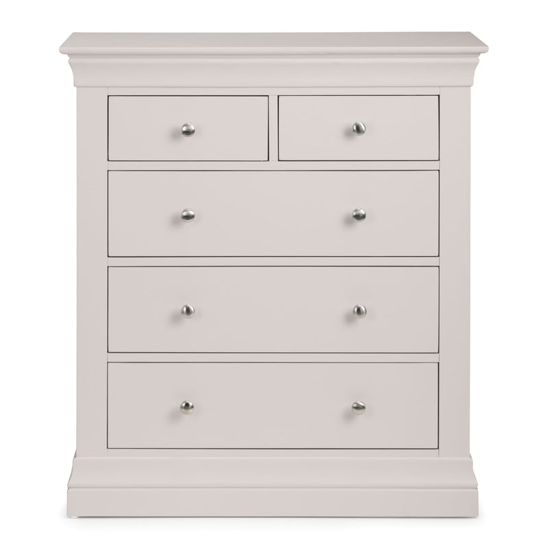 Light gray dresser with five drawers on a white background