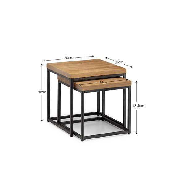 Wooden side table with metal frame and dimensions labeled on a white background