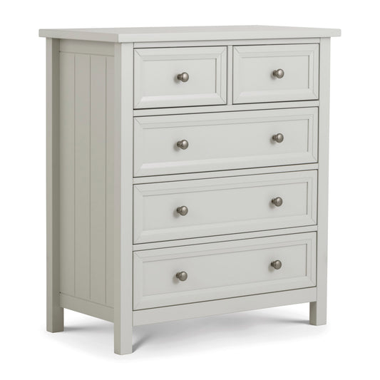 Gray dresser with multiple drawers on a white background