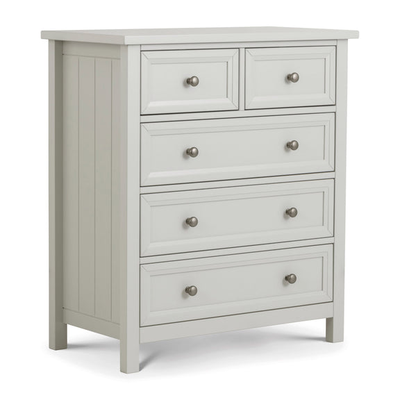 Gray dresser with multiple drawers on a white background