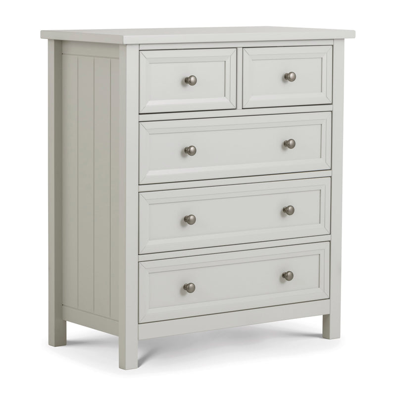 Gray dresser with multiple drawers on a white background