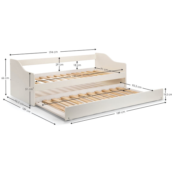 Dimensions of a white bed frame with wooden slats on a white background