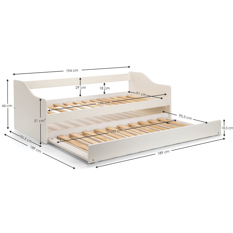 Dimensions of a white bed frame with wooden slats on a white background