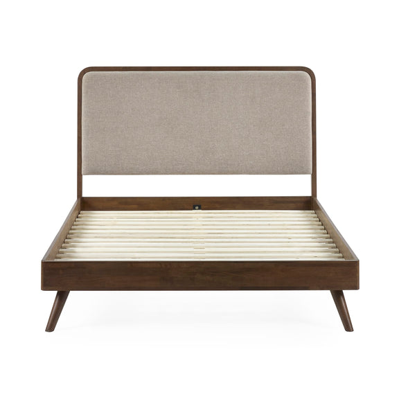 Wooden bed frame with upholstered headboard on a white background