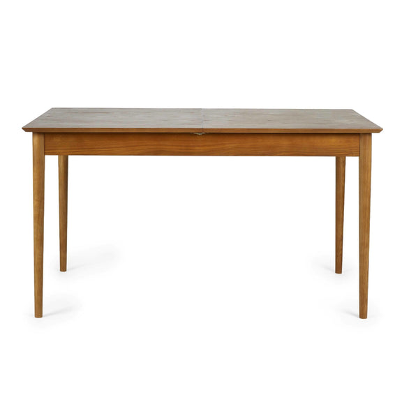 Wooden dining table with a light finish on a white background