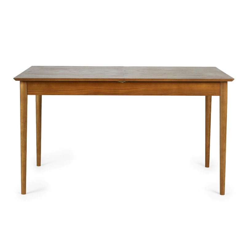 Wooden dining table with a light finish on a white background