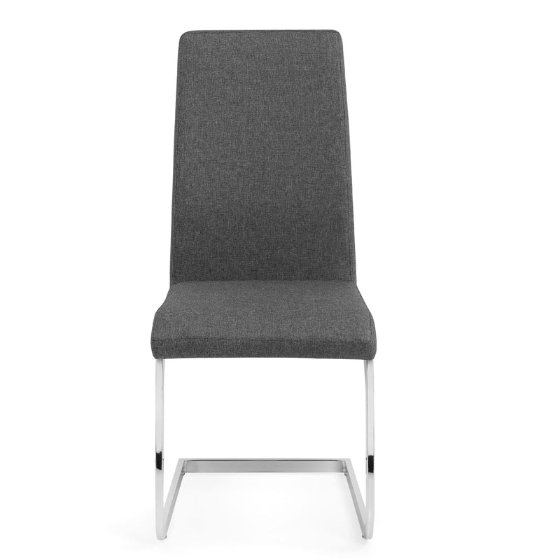 Gray upholstered chair with metal legs on a white background