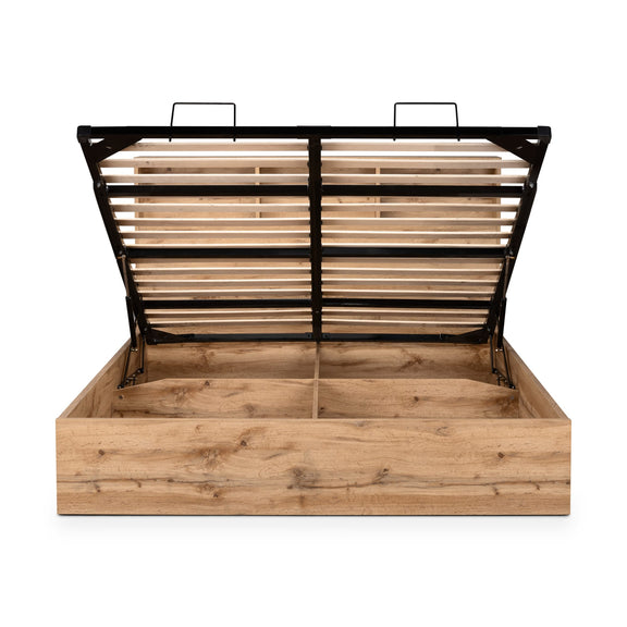 Wooden bed frame with metal slats on a white background