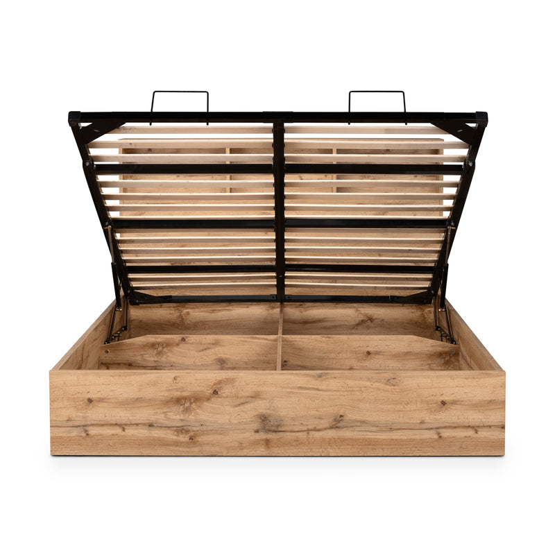 Wooden bed frame with metal slats on a white background