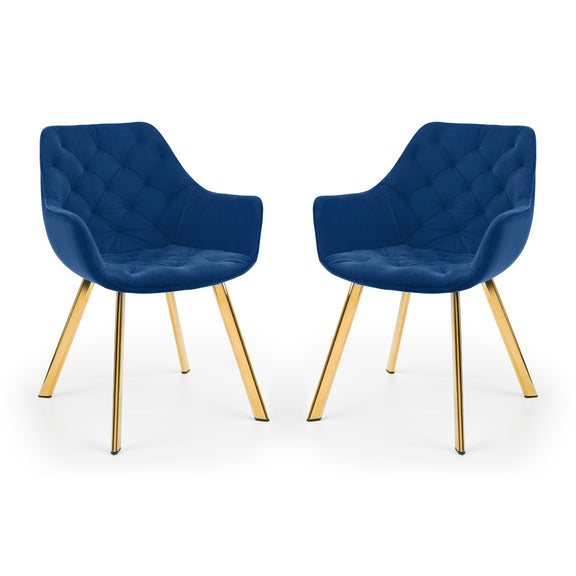 Two blue chairs with gold legs on a white background