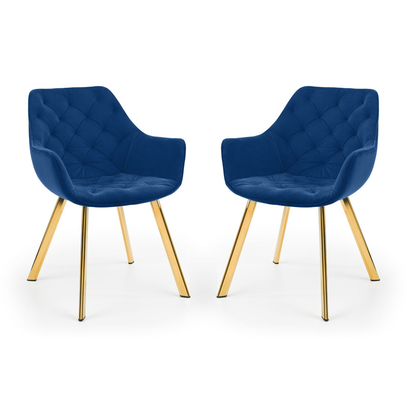 Two blue chairs with gold legs on a white background