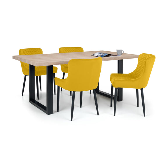 Dining table with four yellow chairs on a white background