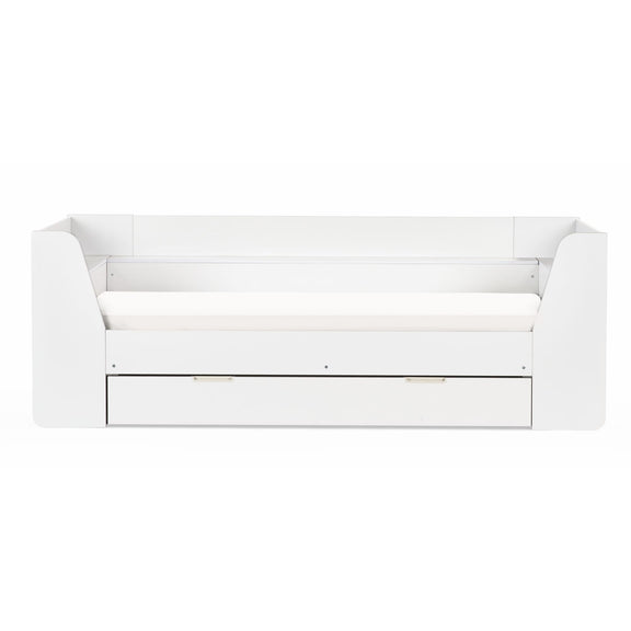 White wooden bench with a drawer on a white background