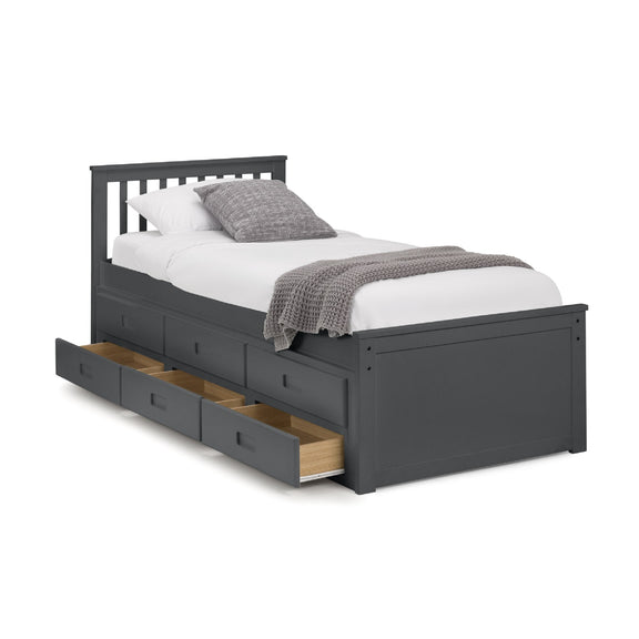 Gray bed frame with storage drawers on a white background