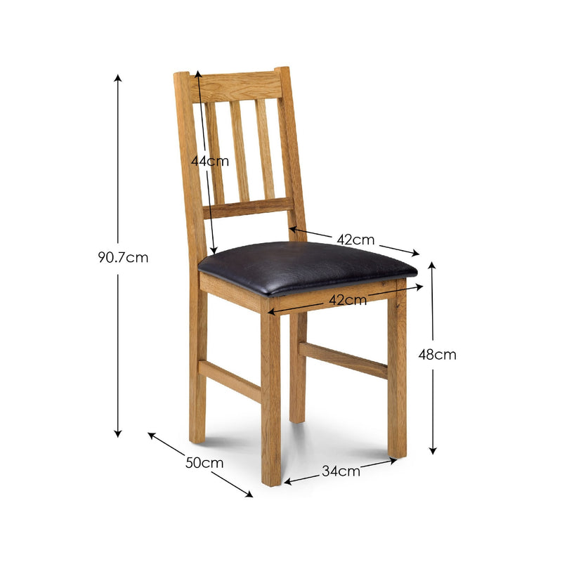 Wooden chair with dimensions labeled on a white background