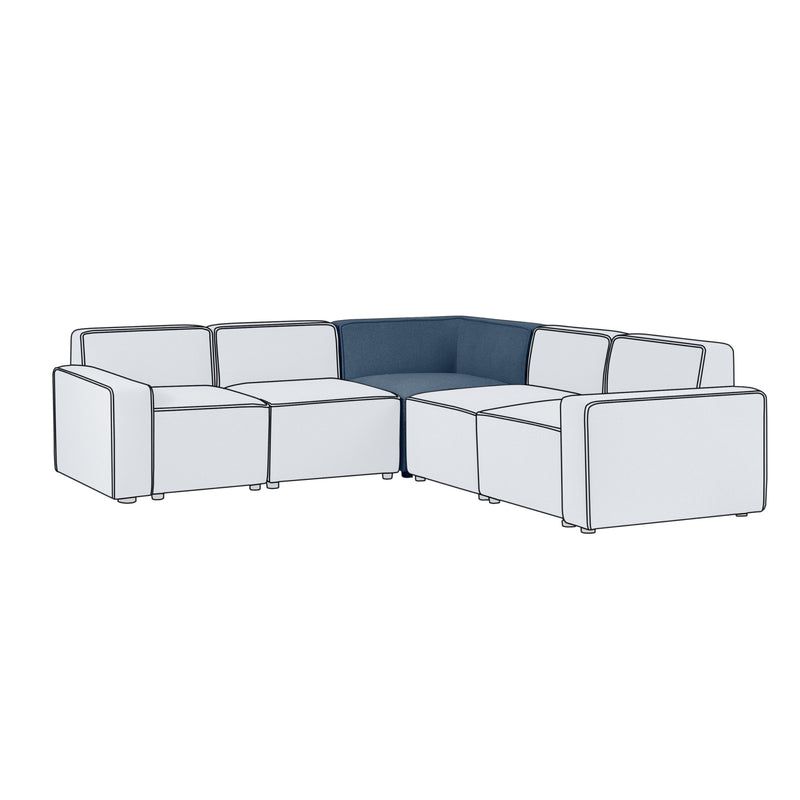 Modular sofa with white and blue sections on a white background