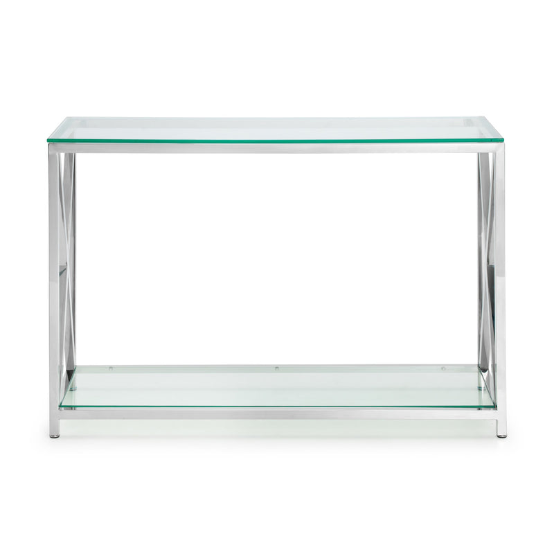 Glass coffee table with metal frame on a white background
