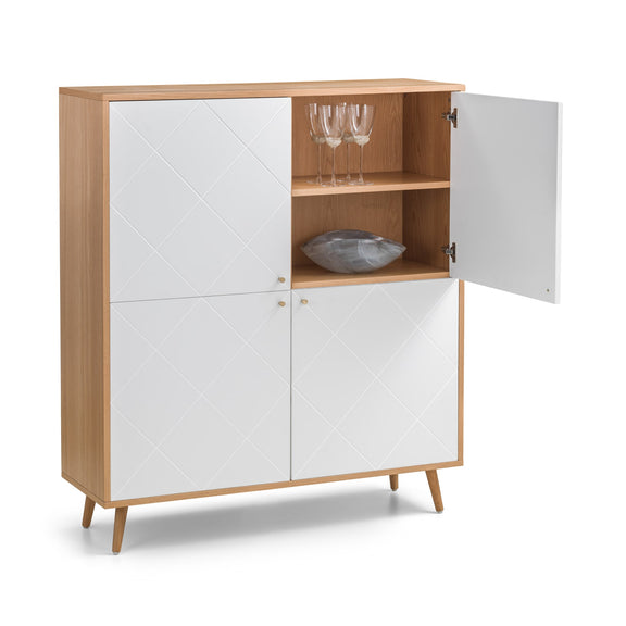 Wooden cabinet with white doors and open shelf displaying glasses and a bowl on a white background