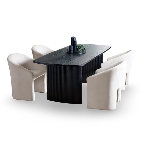 Black dining table with four white chairs on a white background