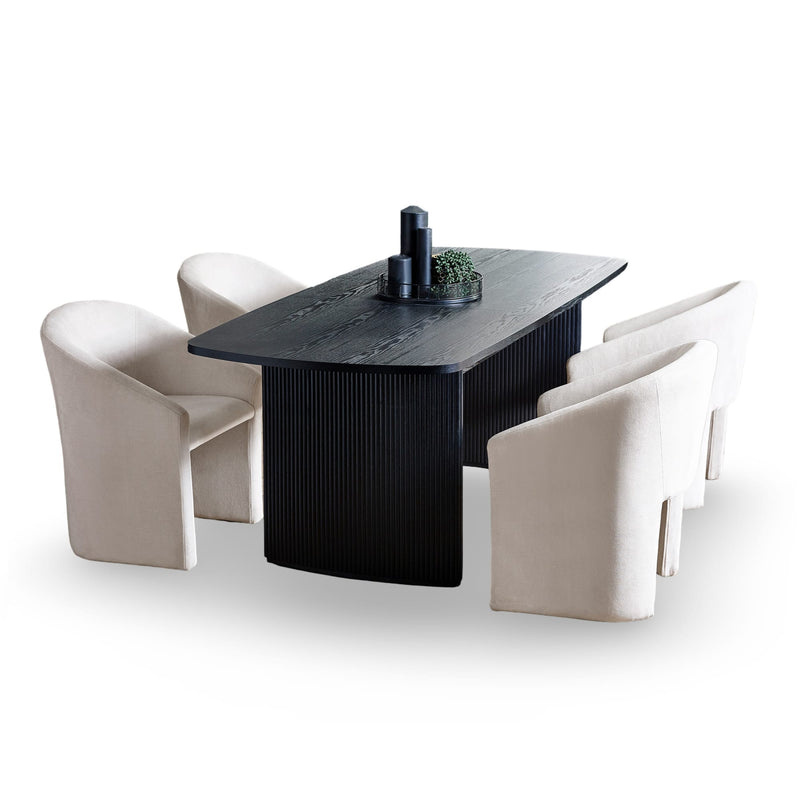 Black dining table with four white chairs on a white background