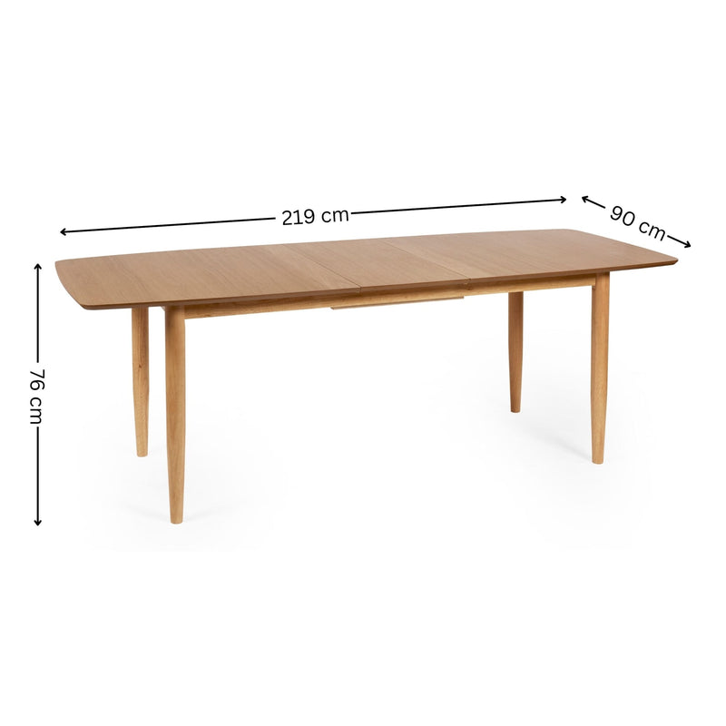 Wooden table with dimensions labeled on a white background