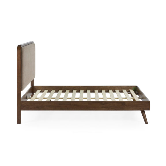 Wooden bed frame with slatted design on a white background
