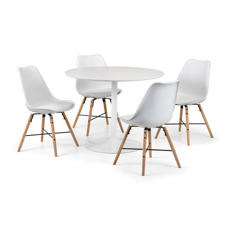 White round table with four matching chairs on a white background