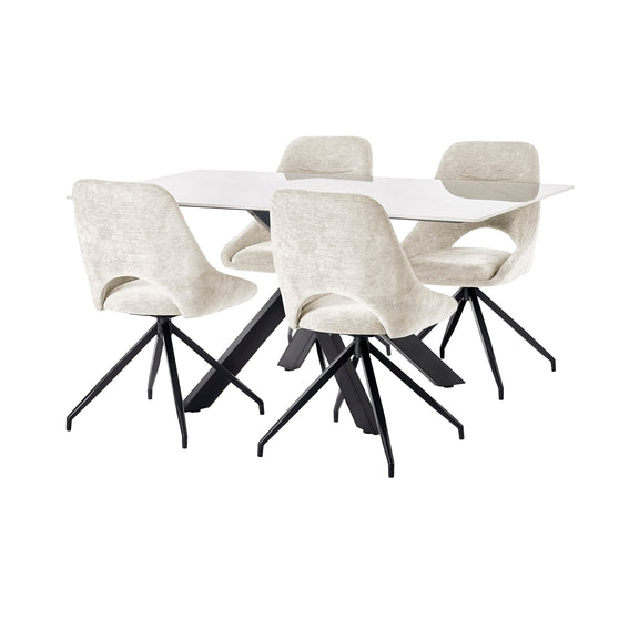 Dining table with four chairs on a white background