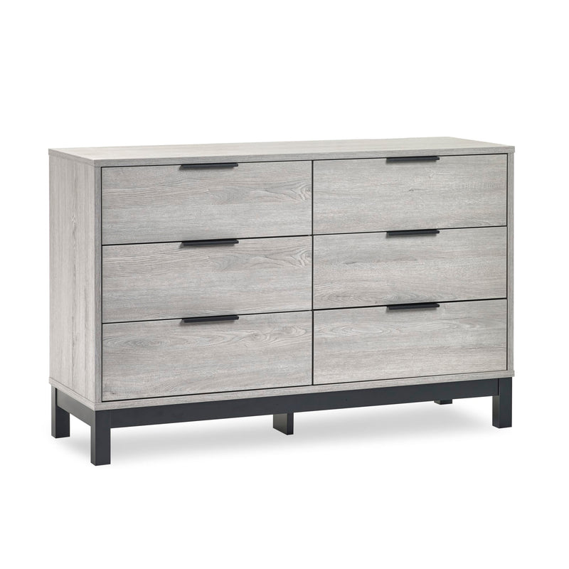 Gray dresser with six drawers on a white background