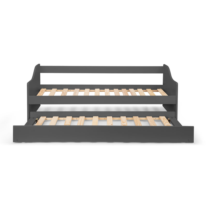 Black bed frame with wooden slats on a white background