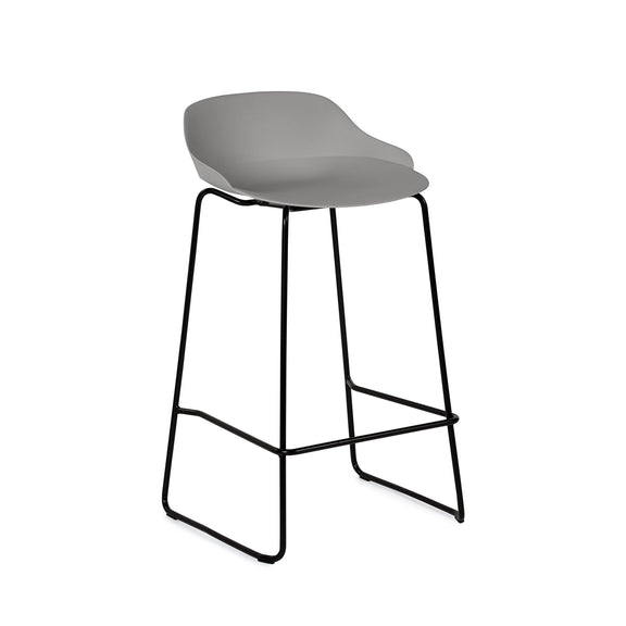 Bar stool with gray seat and black metal frame on a white background