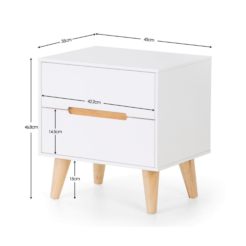 White nightstand with wooden legs and handle, shown with dimensions on a white background