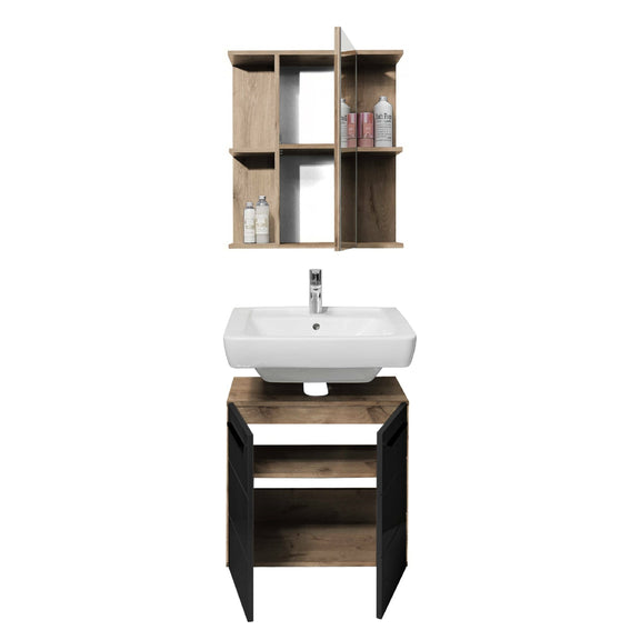Bathroom vanity with sink and storage shelves on a white background