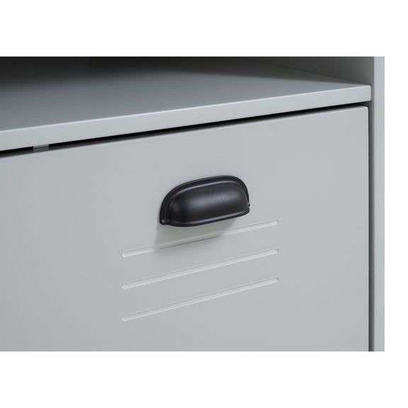 Metal filing cabinet with a black handle on a white background