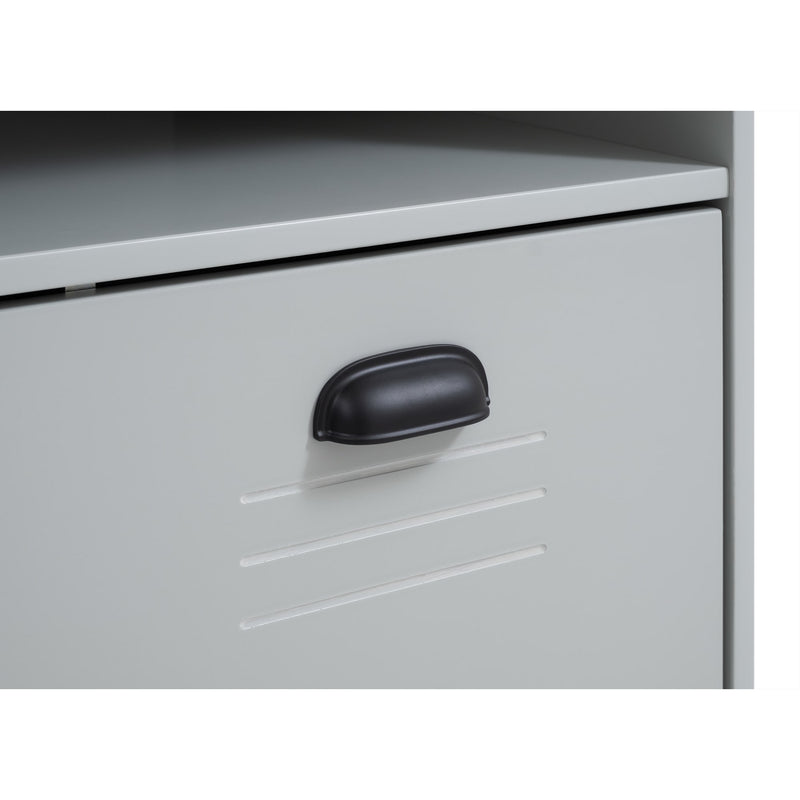 Metal filing cabinet with a black handle on a white background
