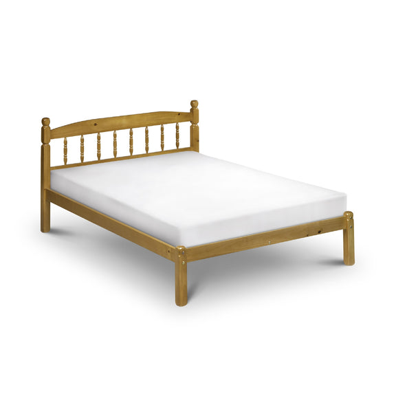Wooden bed frame with white mattress on a white background
