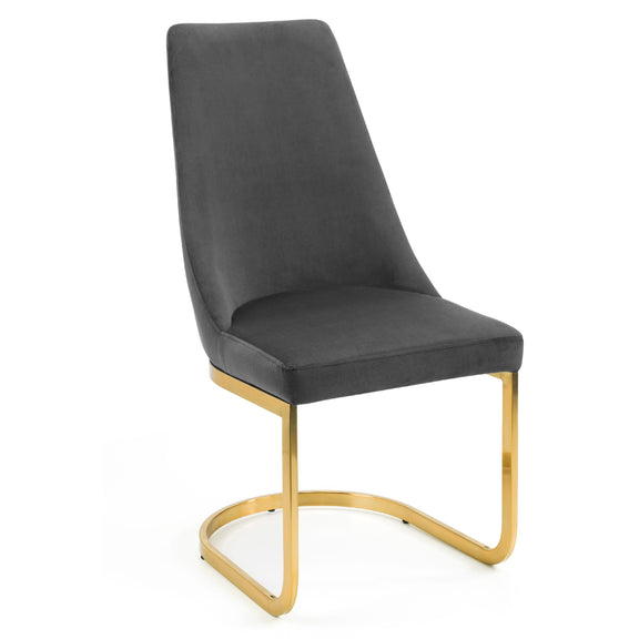 Gray upholstered chair with gold metal legs on a white background