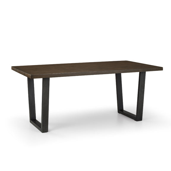 Wooden table with black metal legs on a white background