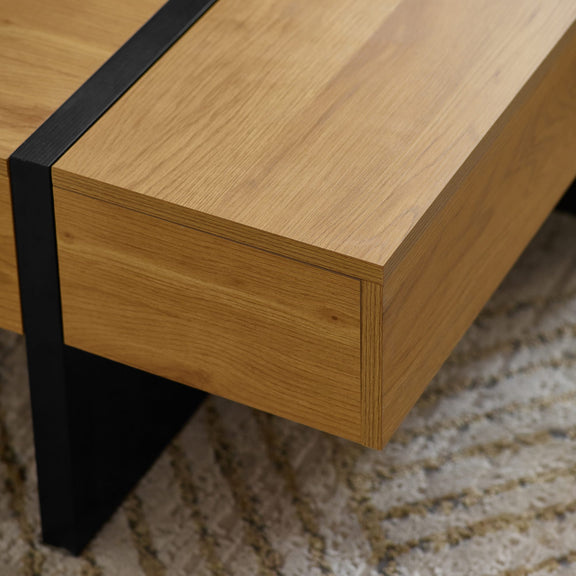 Wooden desk with black metal frame on a textured surface