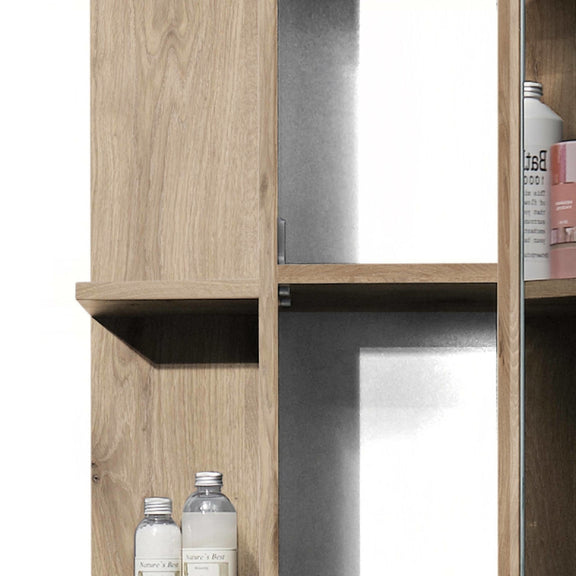 Wooden cabinet with shelves and bottles on a white background