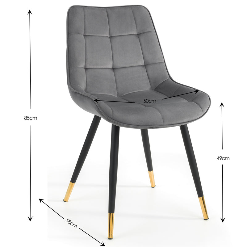 Gray chair with black legs and gold tips, shown with dimensions on a white background