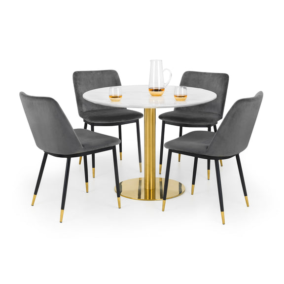 Dining set with round table and four gray chairs on a white background