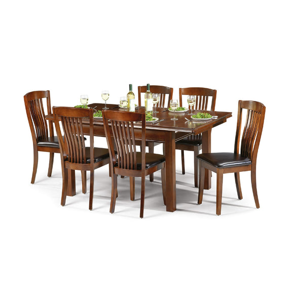 Wooden dining table set with chairs on a white background