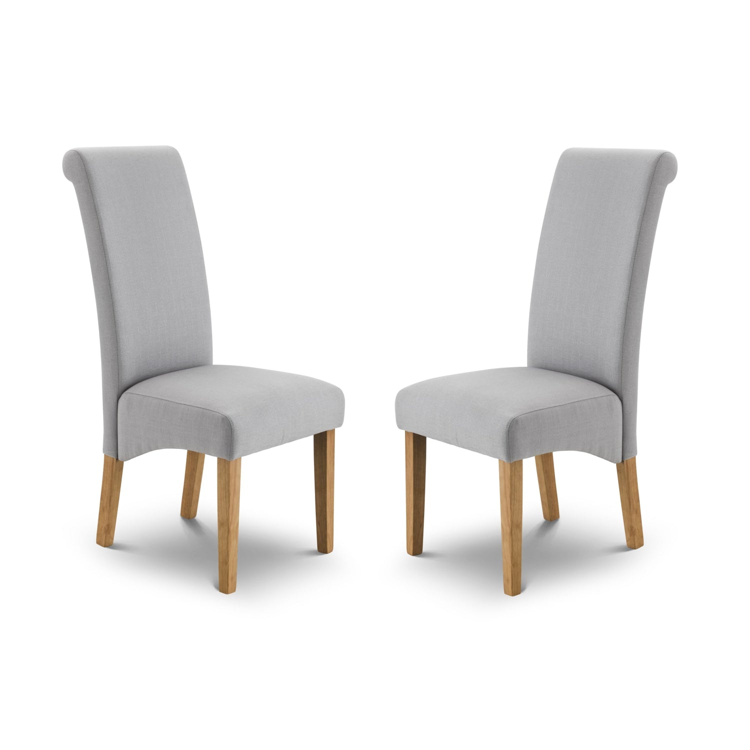 Two gray upholstered chairs with wooden legs on a white background