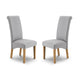 Two gray upholstered chairs with wooden legs on a white background