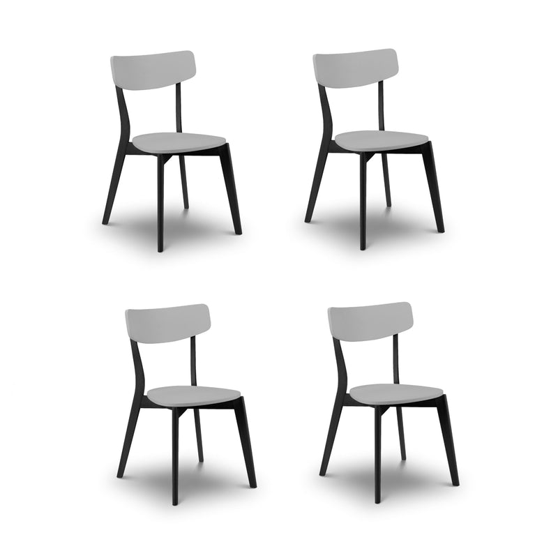 Four black chairs with gray seats on a white background